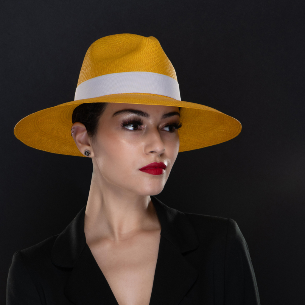 Panama ladies dress hat, yellow wide brim Panama dress hat