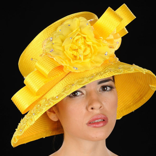 Yellow satin ribbon church hat with rhinestones and flower - SHENOR COLLECTIONS