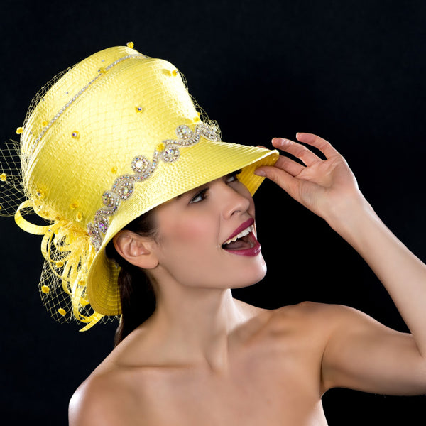 ladies dress hat,satin ribbon,yellow