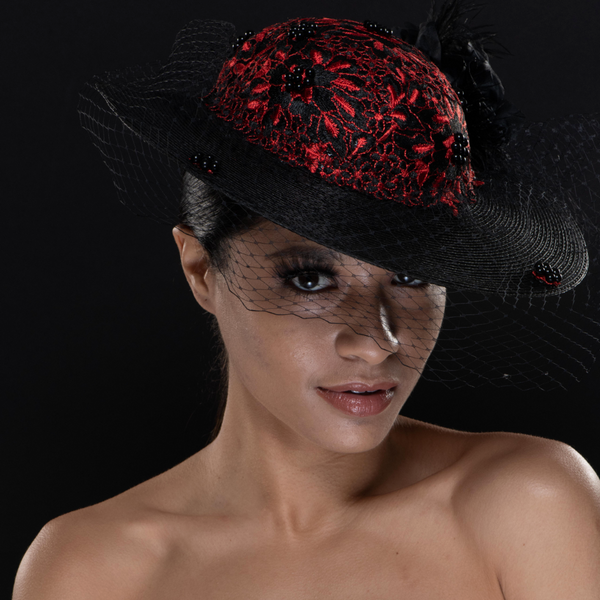 NA14000-Ladies Red And Black Lace Dress Hat