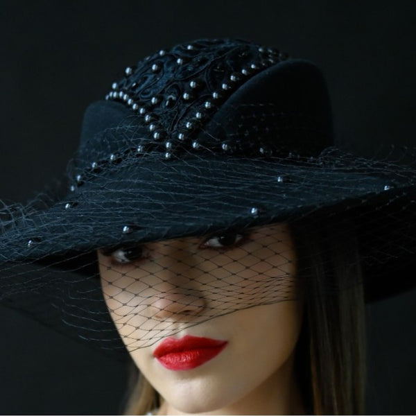 funeral hat with veil, black dress hat