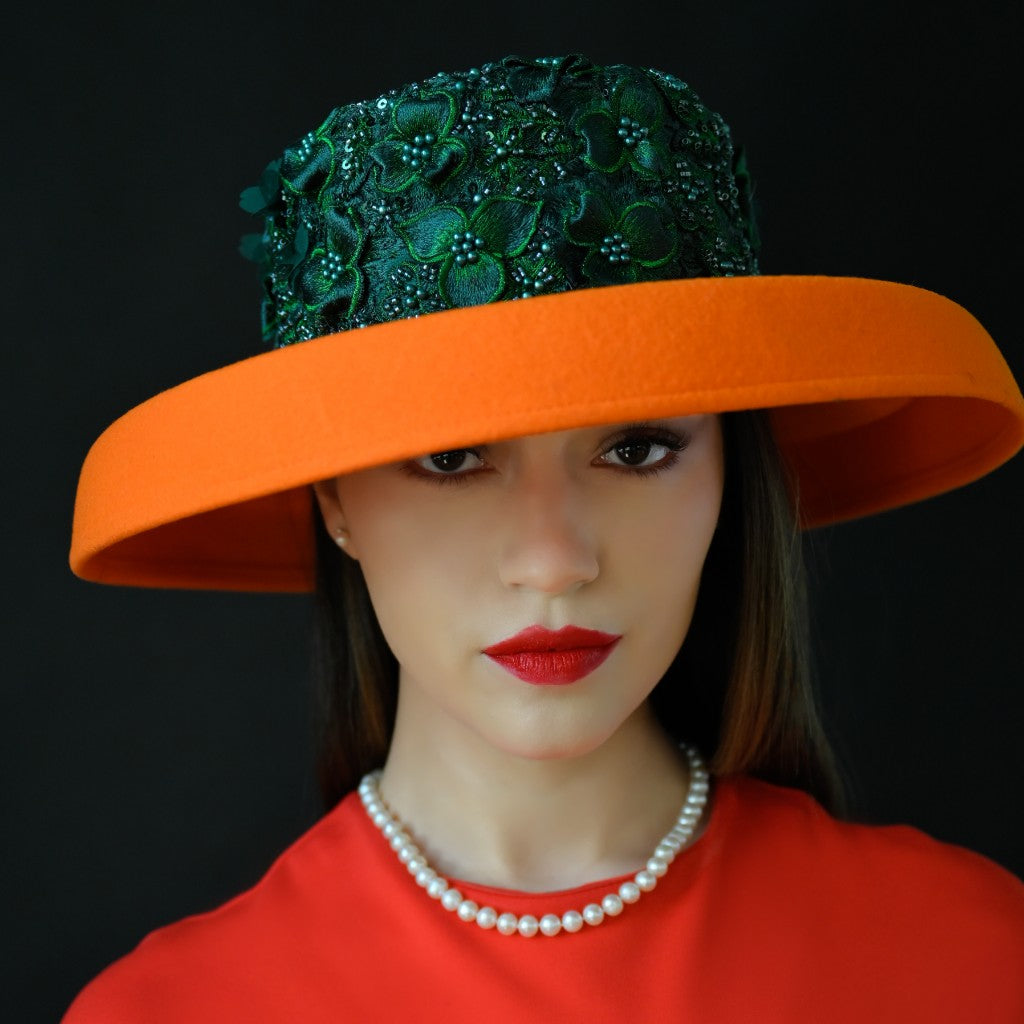 orange and green felt, wide brim, church hats