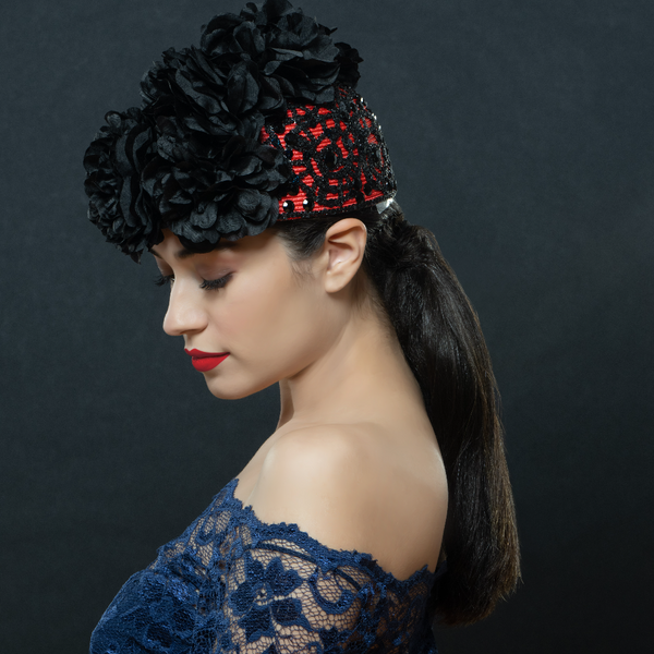 red and black pillbox dress hat