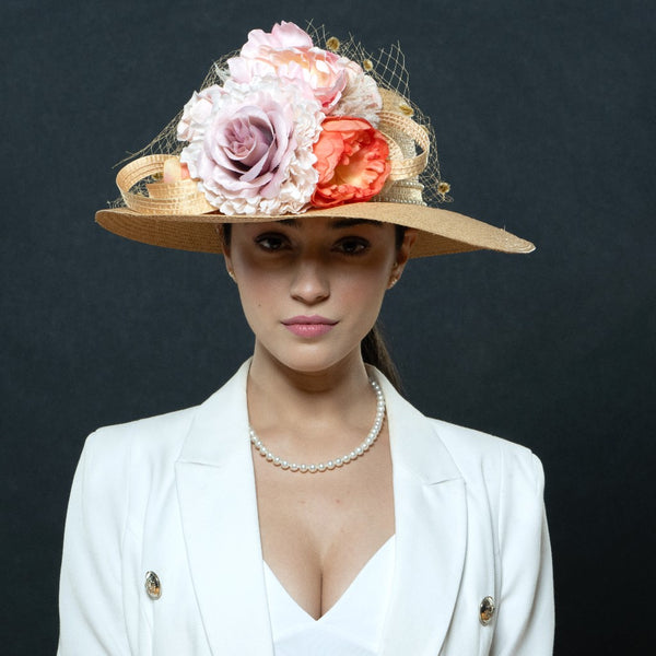 NAL4508-Panama Straw Dress Hat with Flowers