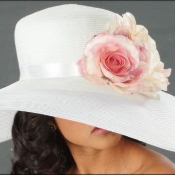 SE6017-White wide brim kentucky derby hat with large light pink yellow and cream roses - SHENOR COLLECTIONS