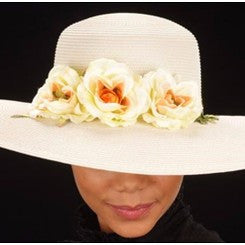 SE7006- Cream straw hat for women with small flowers - SHENOR COLLECTIONS