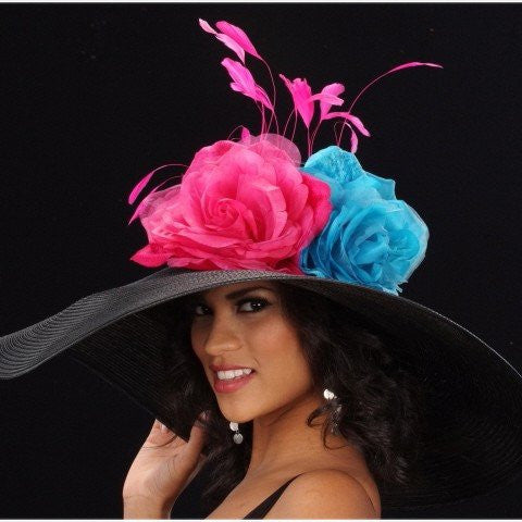 OE8003- Black straw dress hat with large pink/blue flowers and pink feather - SHENOR COLLECTIONS