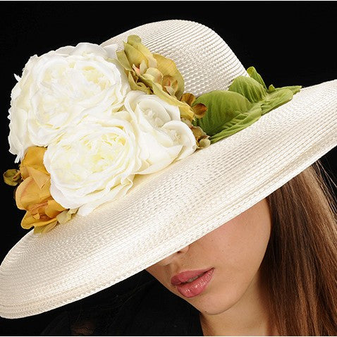 SE7008- Summer hat for ladies with leaf trim and flowers - SHENOR COLLECTIONS