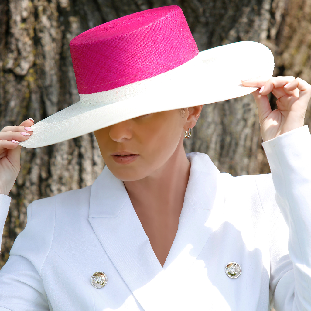 pink and cream Panama straw dress hats, ladies wide brim hat