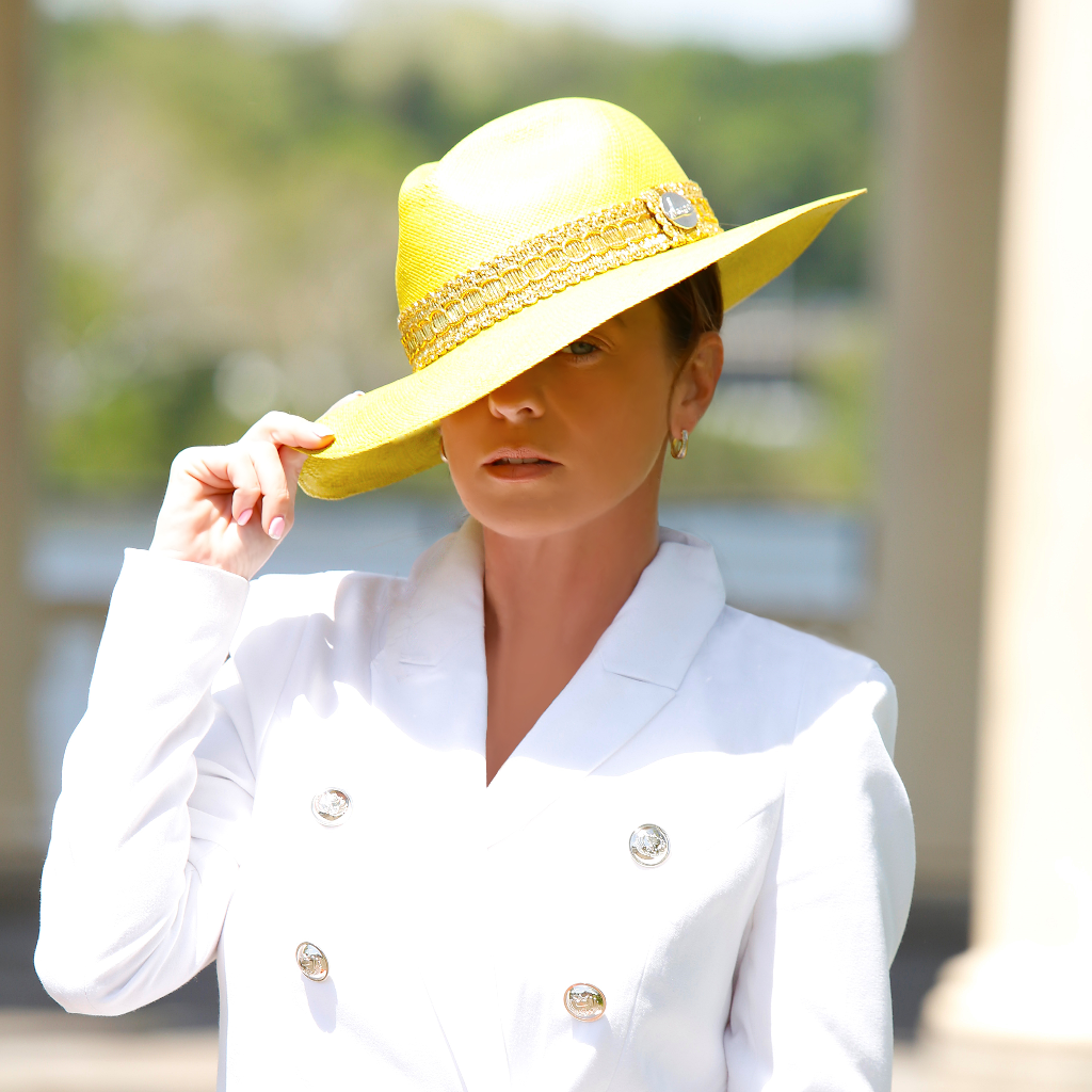 yellow panama straw dress hats for women, with shenor logo