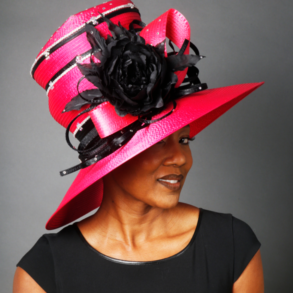 OE0024- Bright pink/black satin ladies dress hat
