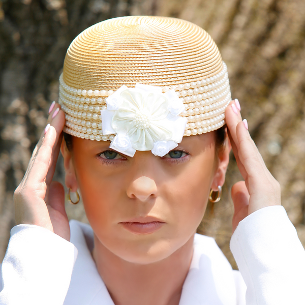 pillbox ladies dress hat with pearl trim and satin flower