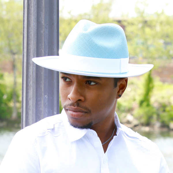 light blue and white men's fedora dress hats with white trim