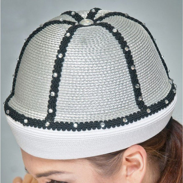 BW9017-White/grey fashion straw with black trims and rhinestones. - SHENOR COLLECTIONS
