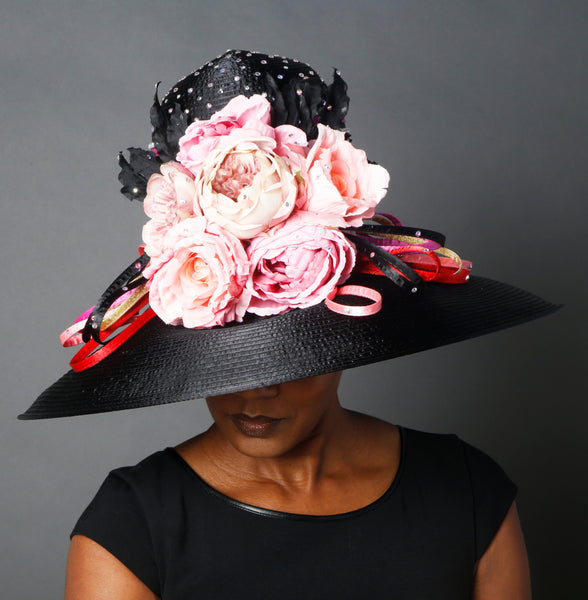 OE0024- Black satin with pink flowers dress hat