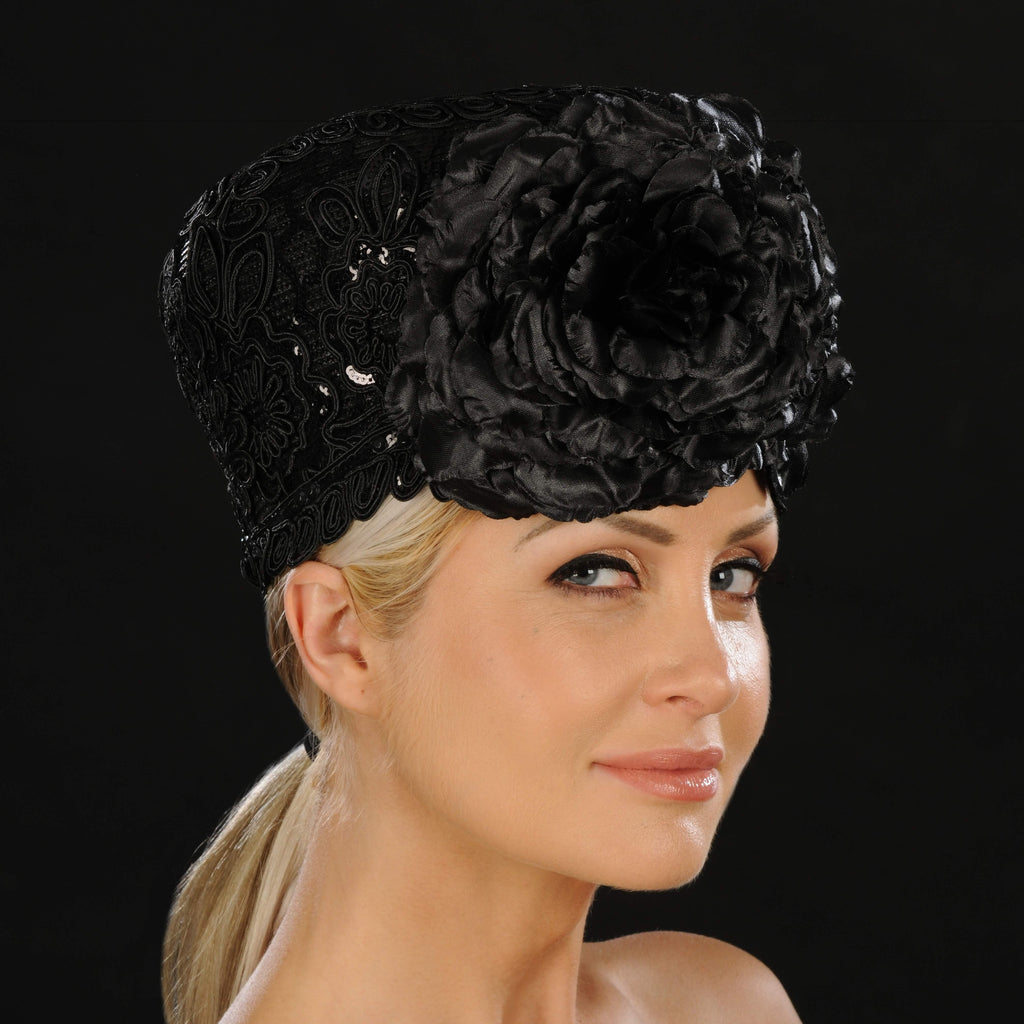NA1053- Ladies church hat in black lace fabric and large flowers - SHENOR COLLECTIONS