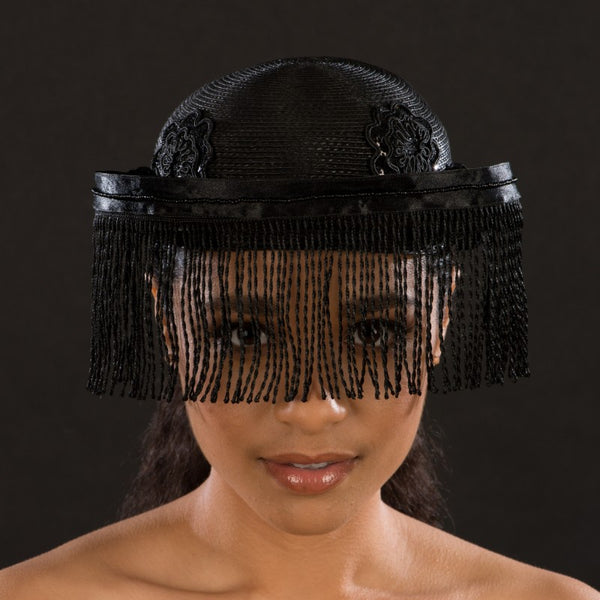 BW9034-Black fringed veil dress hat for women - SHENOR COLLECTIONS