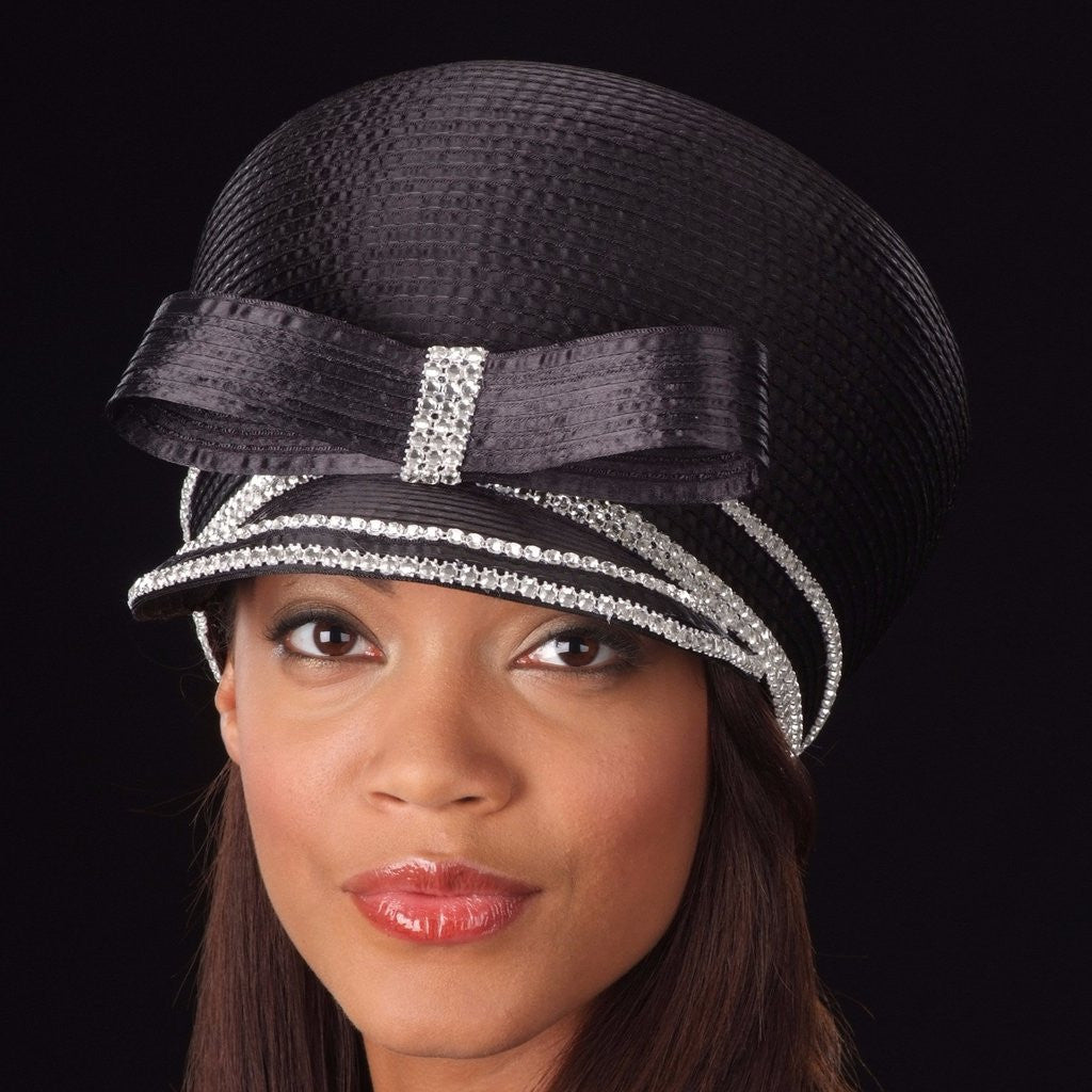 BW-9039 Black satin ladies dress cap with rhinestones - SHENOR COLLECTIONS