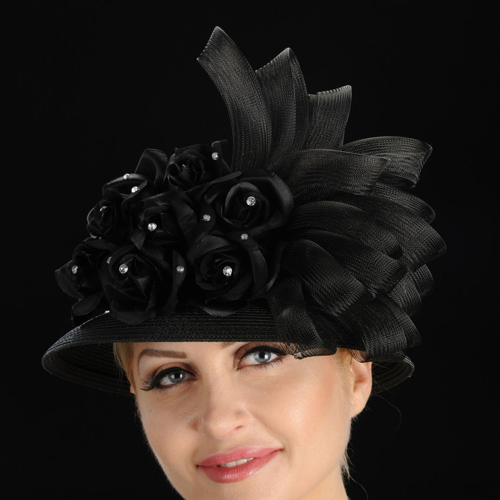 BW9006- Ladies Black dress hat with satin flowers/horsehair and rhinestones - SHENOR COLLECTIONS