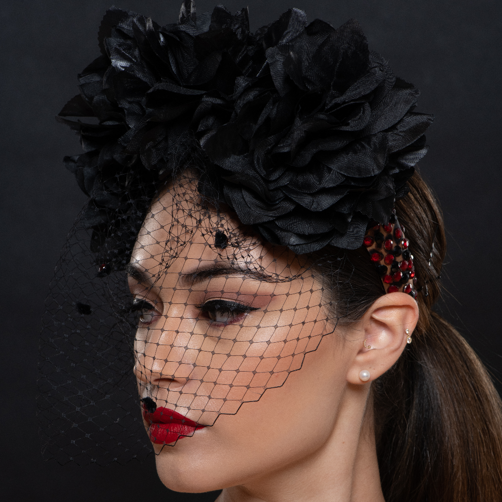 black ladies fascinator hats with flowers and veil
