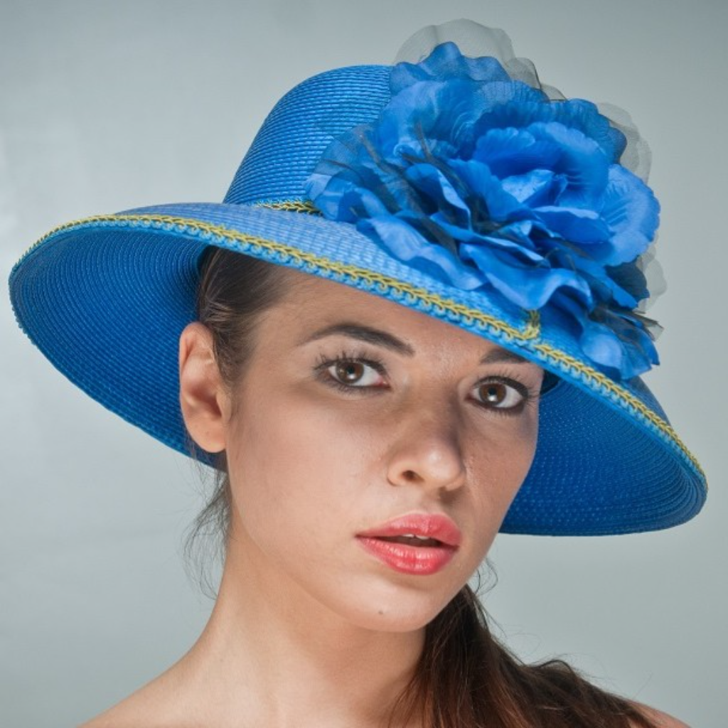 blue ladies dress hats with large flowers, church event hats