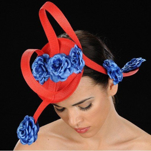 F6014-Ascot red straw with royal blue satin flowers - SHENOR COLLECTIONS