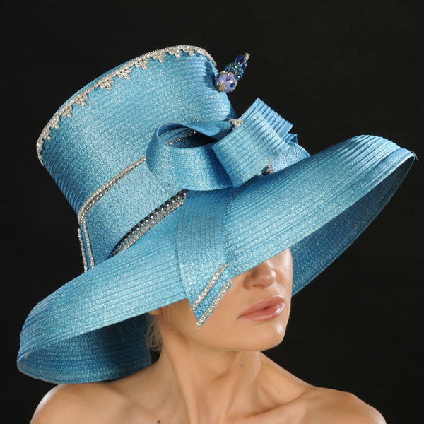 OE015- Blue ladies satin dress hat - SHENOR COLLECTIONS
