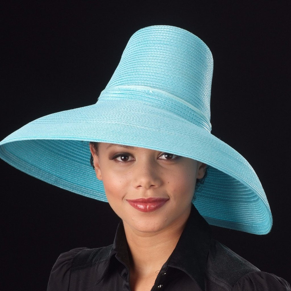 AC7031- Wide brim blue straw ladies hat - SHENOR COLLECTIONS