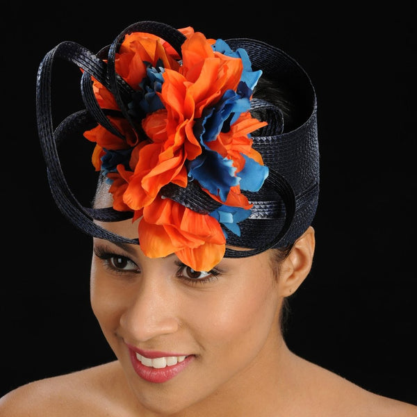 F6002- Blue and orange flowers black straw fascinator - SHENOR COLLECTIONS