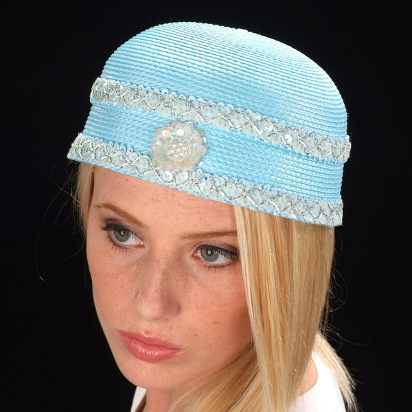 F6026 Baby blue ladies hat with sequins trim - SHENOR COLLECTIONS