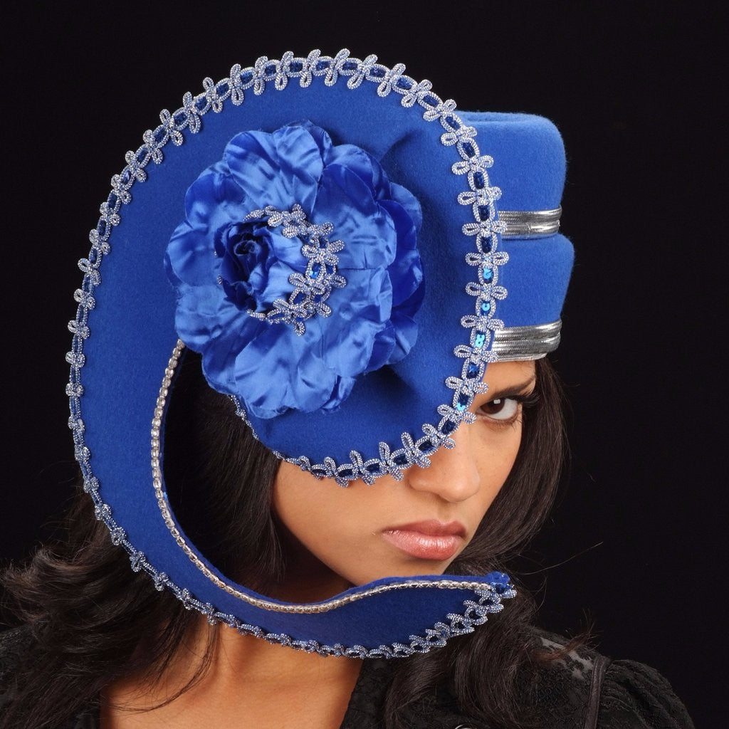 FW1136-Blue felt winter hat with silver and blue trim and large satin flower - SHENOR COLLECTIONS