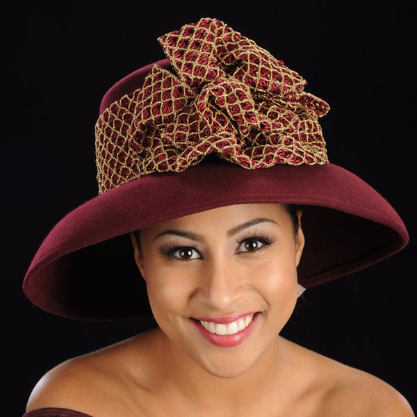 FW1139 Burgundy and gold wool dress hat - SHENOR COLLECTIONS
