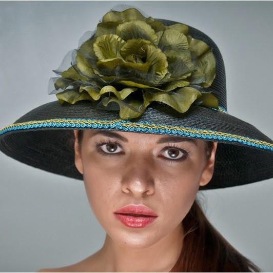 NA1013-Black hat with large flower - SHENOR COLLECTIONS
