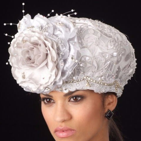 SG6024 satin silver fabric dress church hat with flower and RS - SHENOR COLLECTIONS