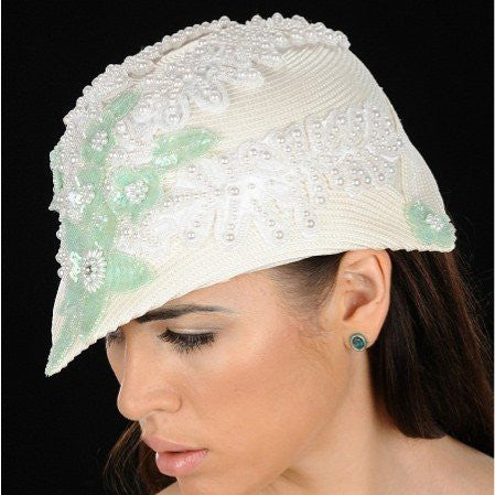 NA1024-Cream straw dress hat with pearls and sequins design - SHENOR COLLECTIONS