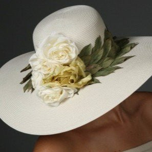 SE6004- Elegant ladies straw hat with leaf trims and flowers - SHENOR COLLECTIONS