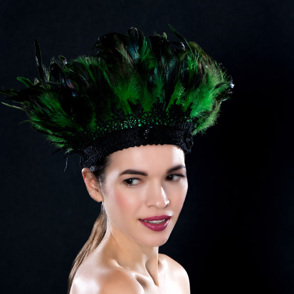BW6403- Green and black feather dress hat with beaded button