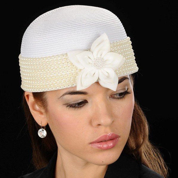 BW9015-White pearl straw dress hat - SHENOR COLLECTIONS