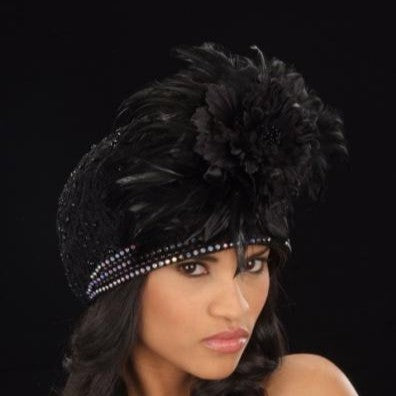 B59962-Ladies  black straw covered with beaded fabric and feathers