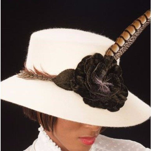 FW1109- Off White Cream felt brown velvet flower and feathers - SHENOR COLLECTIONS