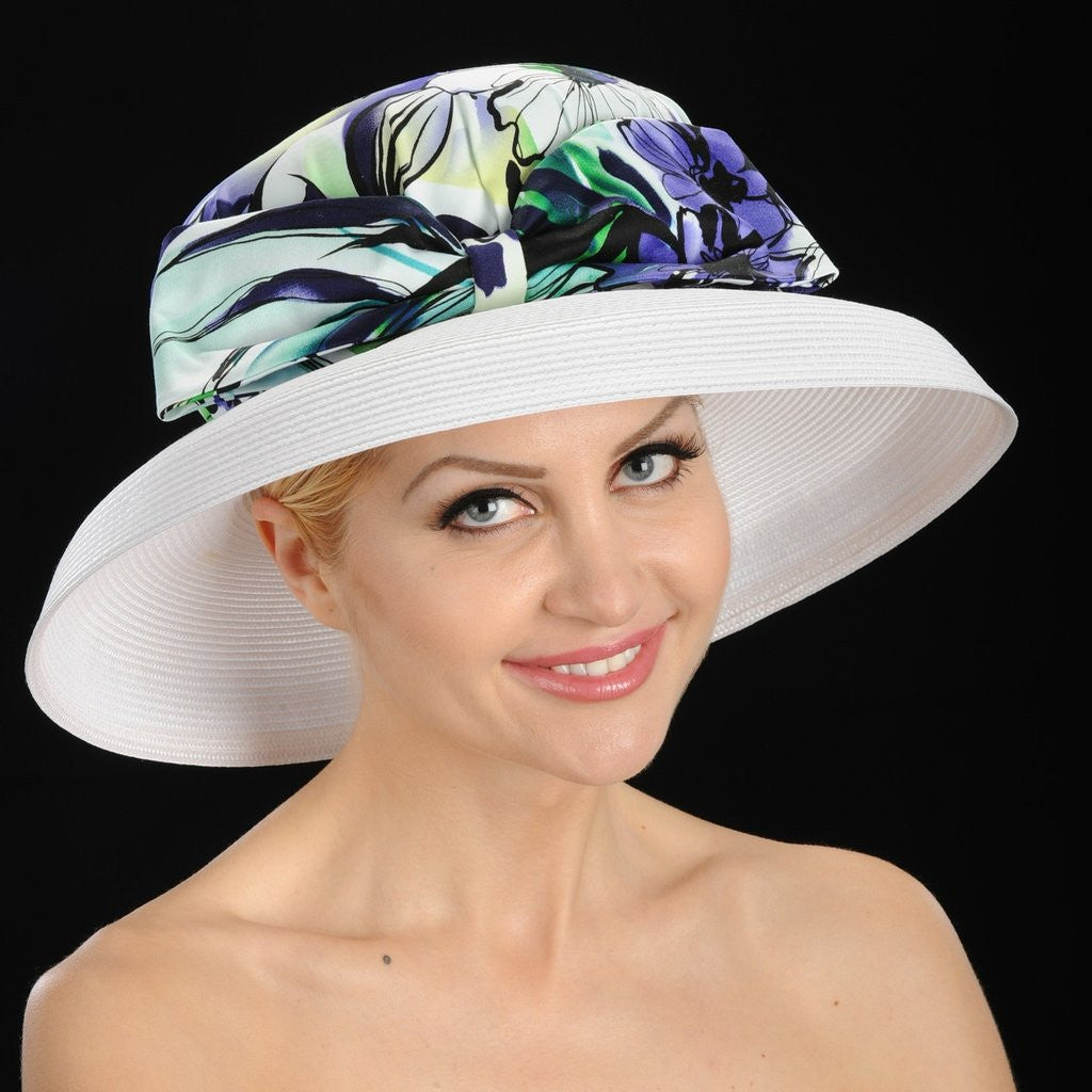 SS9011- Classy wedding hat covered with floral fabric and large bow - SHENOR COLLECTIONS