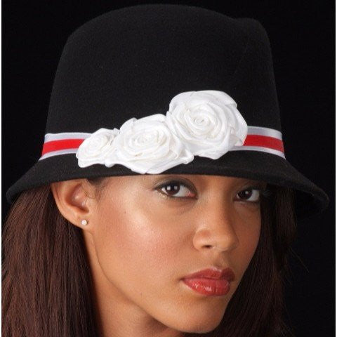 FW1129  Ladies White And Red Velvet Trims With Small Satin Flowers - SHENOR COLLECTIONS