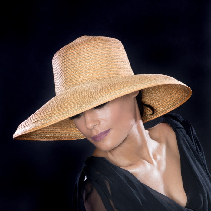 n this gold wide brim dress hat. Perfect for church, wedding any formal