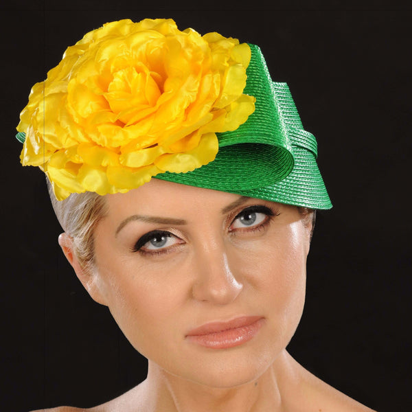NA1057- Green straw fascinator with yellow flower - SHENOR COLLECTIONS