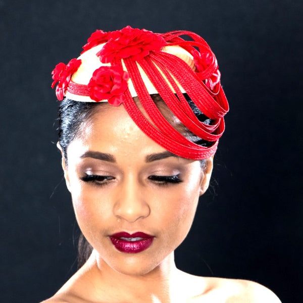 F6037- Ladies red and yellow fascinator