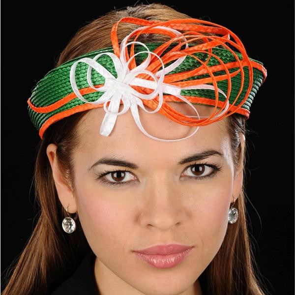 NA1016-Green white fascinator straw  with orange and white design - SHENOR COLLECTIONS
