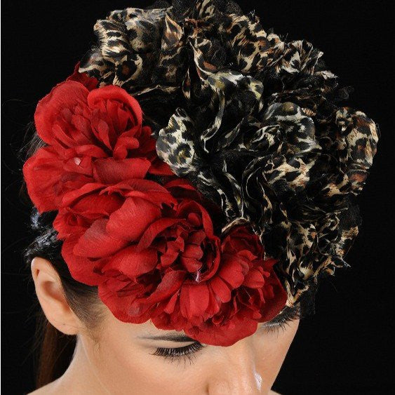 NA1021-Animal print/red flowers cocktail hat - SHENOR COLLECTIONS