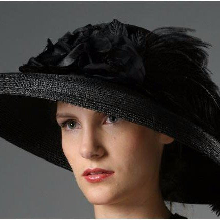 F3001- Wide brim ladies hat with Silk Flower/Ostrich Feather - SHENOR COLLECTIONS