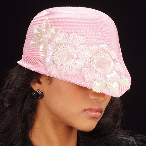 OE8012- Baby pink fashion hat straw with sequin flower appilque - SHENOR COLLECTIONS