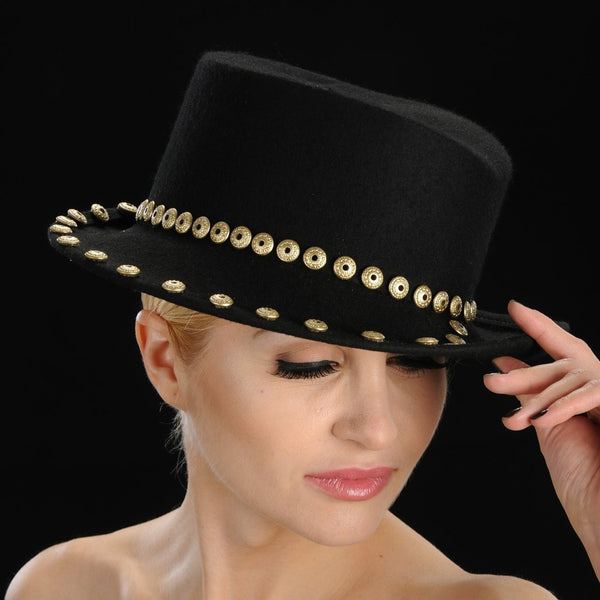 FW1124 Black felt winter hat with gold button trim design - SHENOR COLLECTIONS